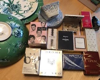 Cologne and perfume new Chanel Gucci Givenchy Yves St Laurent next to Wedgwood x Jasper Conran garden salad bowl, plate & platter