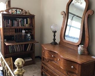 Oak dresser with mirror and oak secretary with barrister shelves