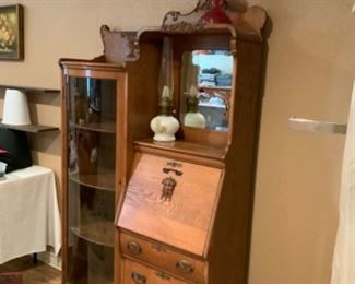Antique Oak Secretary Desk with Curved Glass Curio Cabinet