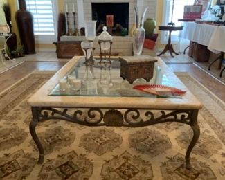 Wrought Iron & Stone Coffee Table with Beveled Glass & 100% Percent Wool Lily 8’6” x 11’ area rug