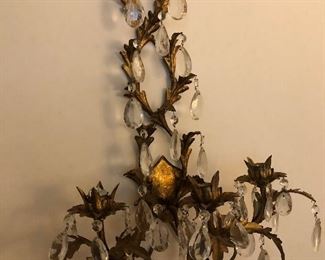 Pair Gold Leaf Sconces w/Crystals 