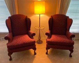 Two Wing Back Chairs and a Floor Lamp