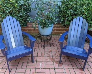 Nice pair of blue wooden Adirondack chairs, blue glazed terra cotta planter in wire basket.