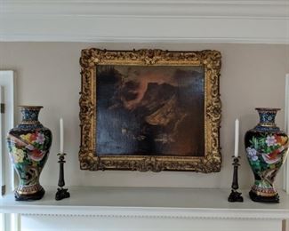 Antique European oil on canvas in fabby gilt wood frame, pair of French bronze/brass candlesticks and pair of L-R facing 18" cloisonne vases, on wooden stands. 