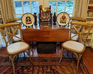 Vintage drop-leaf pine table with set/4 vintage bentwood pine chairs, w/upholstered side chairs, pair of porcelain Chinese ancestor plates, vintage wood/woven child's chair, earthenware Tang horse and hand-carved Asain figures,.