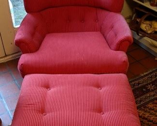 Comfy corduroy upholstered armchair, w/matching ottoman - wooden bun feet on both.