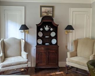 Frenchy walnut open display cabinet, with a dessert set of Bavarian white china.