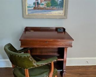 Vintage carved walnut Senatorial lectern, from TN, with "page" button and green pleather armchair.