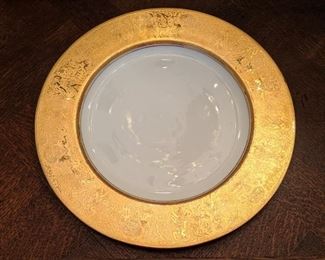 Set/8 Hutschenreuther (Germany) heavy gold encrusted 10 3/4" dinner plates; 22K gold trim.