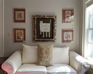Fresh loveseat, by McCreary Modern, Inc, Newton, NC, with summer slipcover, Frenchy pillow, snarky cat, with bird and four vintage, framed/matted Egyptian hand-painted gouache on papyrus.