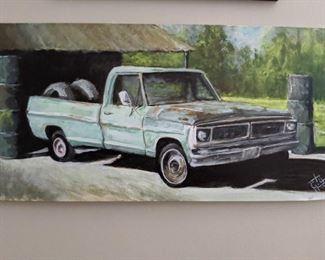 LOVE this original oil on board vintage pickup, by Lamar Gilstrap.
