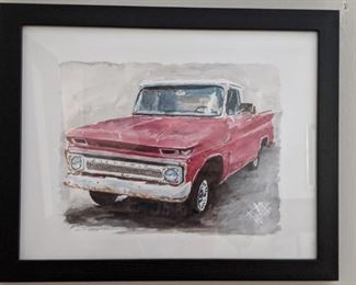 Framed, original watercolor of '66 Chevy pickup truck, by Lamar Gilstrap - SWOON!