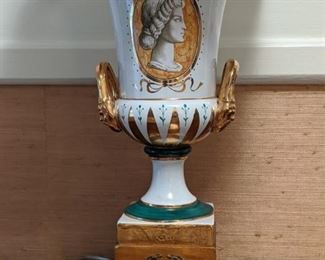 Old Paris Urn-shaped porcelain table lamp, on wooden stand - I think she's a Karen.