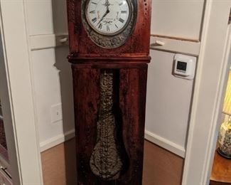 Vintage Howard Miller Louis Jaquine St. Etienne Tall Clock, Morbier Style French clock, in pine case, with brass nailhead detail, measures 7' 5"T x 18"W x 8"D.