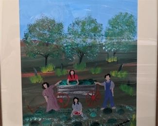 Framed/matted original artwork, "Watermelons for Sale" by listed artist Annie Wellborn, 1928-2010.