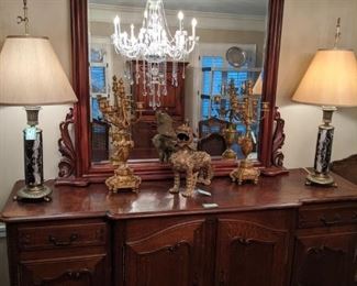 Here's the matching oak French sideboard, with roaring Asian brass foo dog and pair of Stiffel table lamps.        The server measures 6' 6"L x 3' 5" T x 23"D.                      The mirror is separate and adds a nice touch of light to the dining room. 