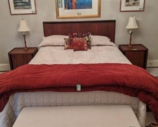 Lovely queen size Dillingham's "Esprit" collection walnut bed, with matching pair of bedside tables; upholstered bench for relaxing after your long day at Zoom meetings.