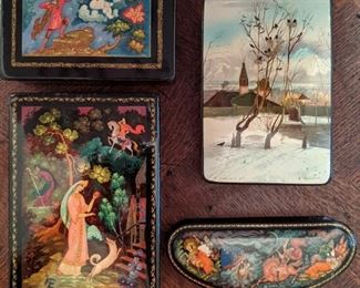 Small collection of hand-painted Russian lacquered boxes, artist signed