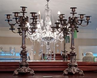 Yeah, baby, Mama pulled out the good stuff for this sale. Even though there is a pair of dueling twin daughters of this client, these beauties escaped unscathed and are ready to be swooped up by the discerning buyer, that you are. 23" tall, 6-light silverplated candelabra for your pleasure.