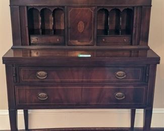 1940's mahogany tambour-door writing desk, w/pencil inlay.