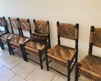 set of 6 primitive rush dining chairs