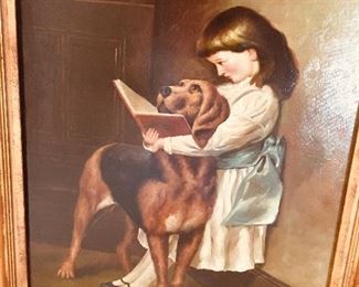 Original large painting of girl with dog