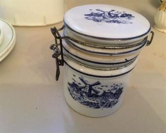 Blue and white lidded jar