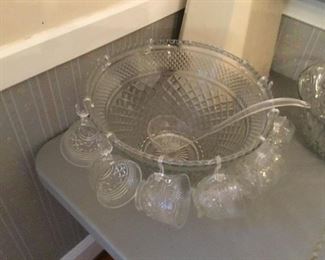 Vintage punch bowl, cups and plastic ladle