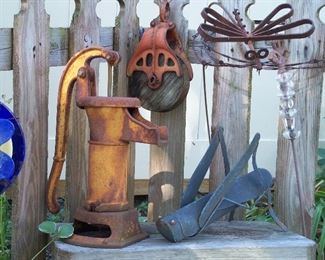 Rustic water pump, pulley & garden decor