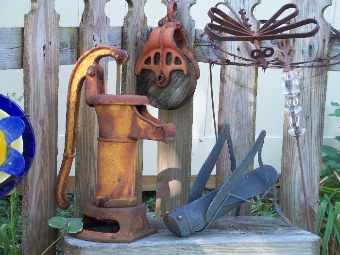 Rustic water pump, pulley & garden decor