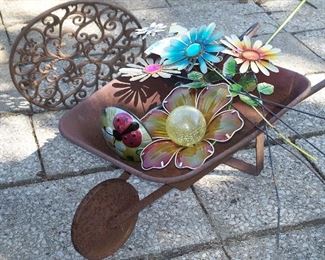 Vintage wheelbarrow & flower stakes