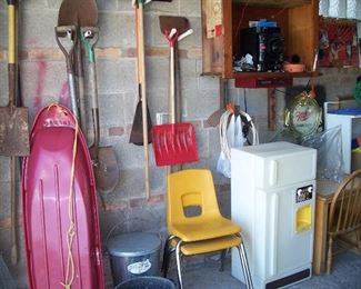 Vintage kid's chair & toys, garden tools