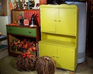 Antique child's cabinet, rattan& grapevine pumpkins