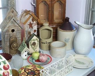 Birdhouses, stoneware and enamelware