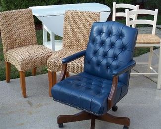 Leather desk chair, drop leaf table, chair pairs