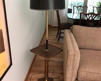 Beautiful wood and brass end table lamp combination with gorgeous black shade with gold lining.  