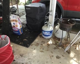 Brinkmann smoker, propane bottles, outdoor cooker