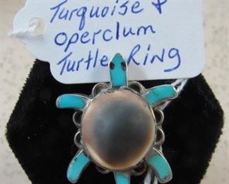 Navajo Sterling, Turquoise & Operclum Turtle Ring