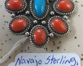 Navajo Sterling, Turquoise & Coral Pin - Artist Signed on Back