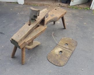 Antique Primitive Schnitzelbank Wooden Shaving Horse Bench (E.L. Allen) - A shaving horse is a tool used by a number of trades including coopers, wheelwrights shingle makers and chair makers as well as a common tool used around the farmstead.