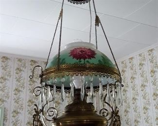 Beautiful Victorian Hanging Parlor Lamp/ Ceiling Chandelier w/ Dangling Crystals 