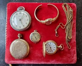 Hampden Molly Stark Hunting and other pocket watches, 10K GF ladies and GF rope pocket watch chain