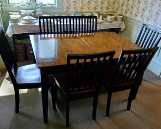 Black and natural dining table w/ built in leaf, four chairs and bench
