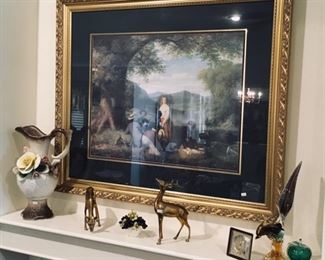 Very Nice Framed art, Capodimonte Large Vase, Brass heavy Deer, and Venetian, likely Murano Glass Colored Bird.