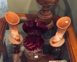 Hull Cornucopia vases, & ruby red glass vase.