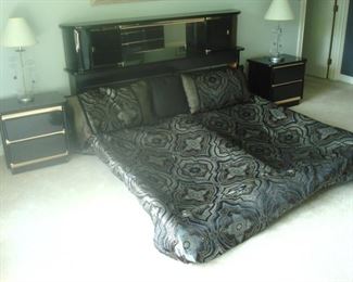 Black lacquer king bedroom suite with side tables and dresser. No mattress set.