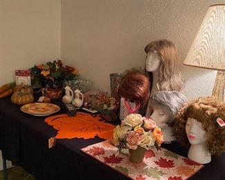 Assorted Fall Decor, Assorted Ladies Wigs on Stand, Mid Century Modern Lamp