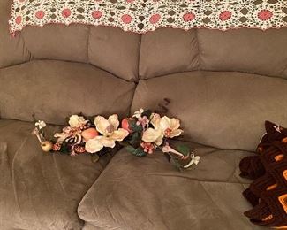 Recliner Sofa, Magnolia Floral Swag, Hand Crocheted Runner, Hand Crocheted Blanket Throws