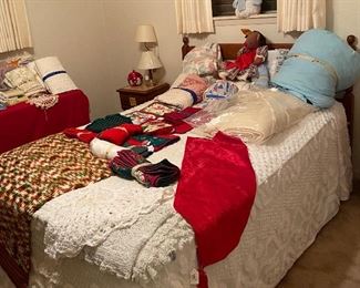 Full Size Bedroom Set New Serta Perfect Sleeper, Linen, Hand Crocheted Blanket, Table Runner, Nightstand