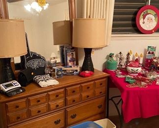 Dresser with Mirror, Spurs Memorabilia, Vintage Lamps, BP Testers, Linen, Assorted Christmas Decor